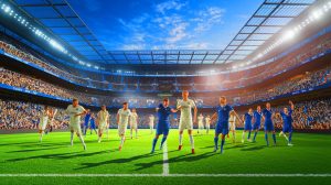 Illustration de l'évaluation des clubs de football européens les plus chers avant le mercato estival (création par IA, illustration non réaliste). Crédit : Ideogram.