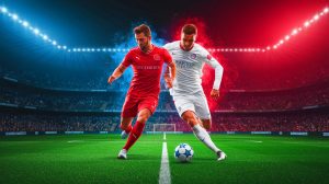 Illustration de l'Olympique Lyonnais en pleine lutte pour la Ligue des champions (création par IA, illustration non réaliste). Crédit : Ideogram.