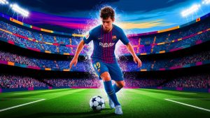 Illustration de Lamine Yamal, jeune prodige du football au FC Barcelone, en pleine action sur le terrain (création par IA, illustration non réaliste). Crédit : Ideogram.