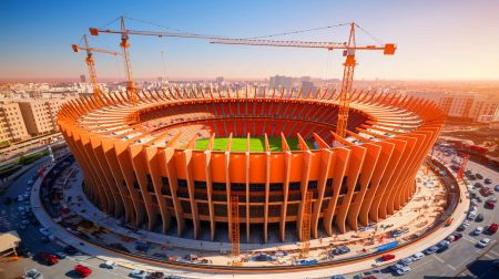 Illustration de la construction du Grand stade Hassan II à Casablanca (création par IA, illustration non réaliste). Crédit : Ideogram.
