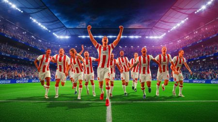 Illustration de l'Olympique Lyonnais célébrant une victoire décisive en vue de la Ligue des champions (création par IA, illustration non réaliste). Crédit : Ideogram.