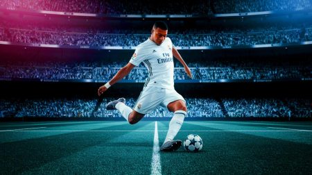 Illustration de Kylian Mbappé marquant un coup franc lors du Classico contre le FC Barcelone (création par IA, illustration non réaliste). Crédit : Ideogram.