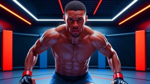Illustration de Patrice Evra s'entraînant pour ses débuts en MMA (création par IA, illustration non réaliste). Crédit : Ideogram.