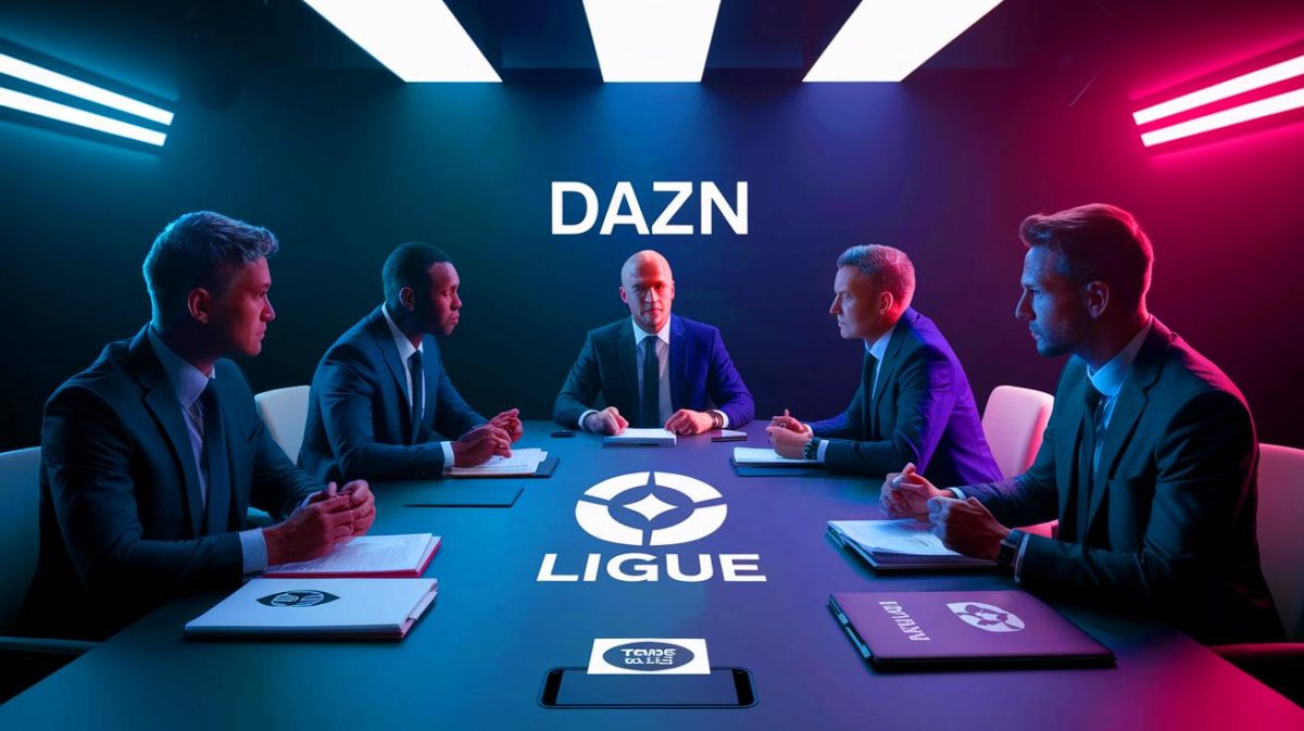 Illustration de la négociation des droits TV de la Ligue 1 entre la LFP, DAZN et Canal+ (création par IA, illustration non réaliste). Crédit : Ideogram.