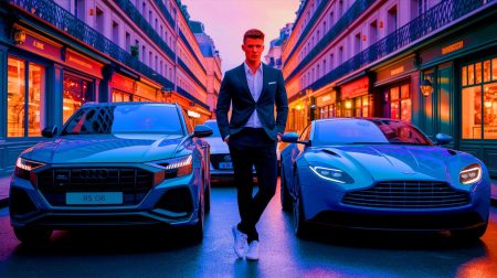Illustration de Bradley Barcola au volant de sa voiture de luxe à Paris (création par IA, illustration non réaliste). Crédit : Ideogram.