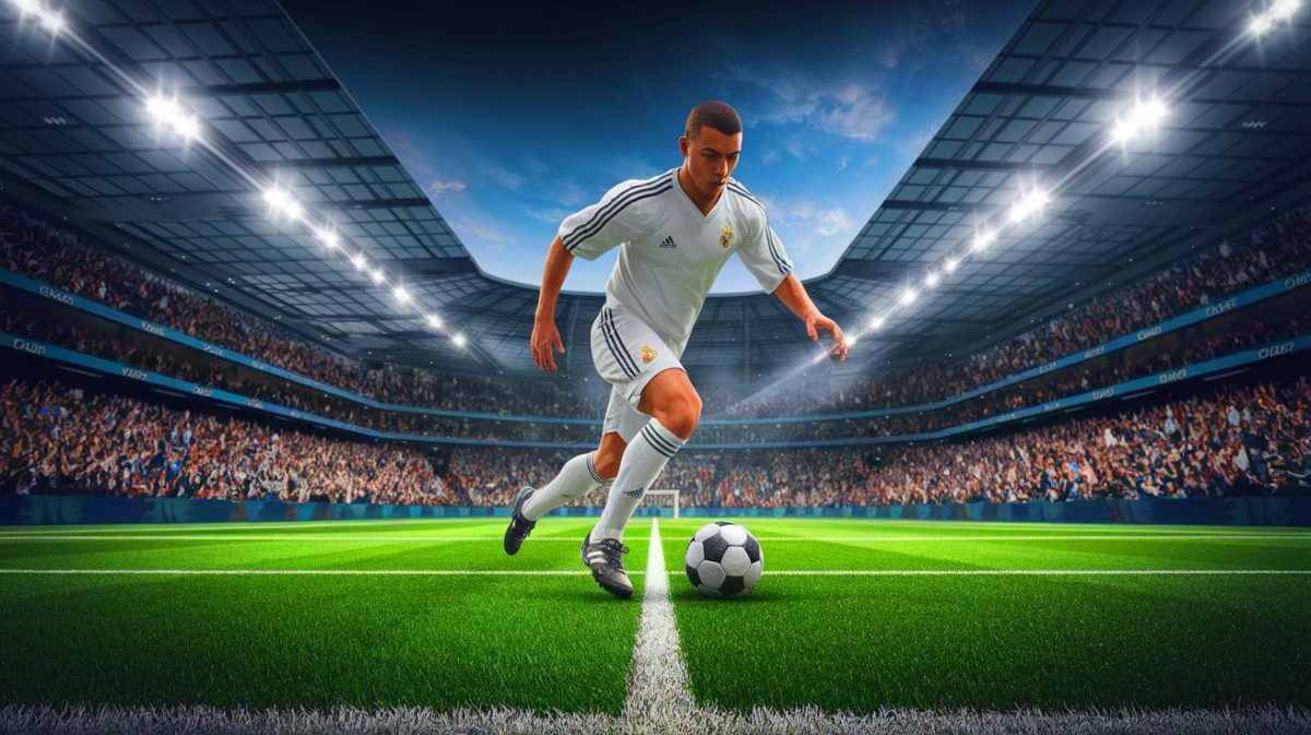 Illustration de Désiré Doué comparé à Zinedine Zidane sur un terrain de football (création par IA, illustration non réaliste). Crédit : Ideogram.