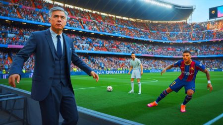 Illustration de la préparation stratégique de Carlo Ancelotti et Kylian Mbappé avant le Clasico contre le FC Barcelone (création par IA, non réaliste). Crédit : Ideogram