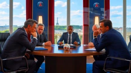 Illustration de Luis Enrique au PSG discutant de stratégie avec ses dirigeants (création par IA, illustration non réaliste). Crédit : Ideogram.