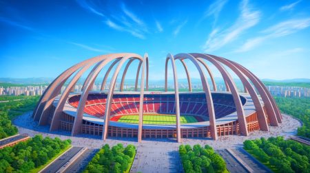Illustration du stade du Premier-Mai à Pyongyang, symbolisant la grandeur et l'architecture unique de la Corée du Nord. Image réalisée par IA.