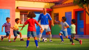 Illustration de Zinédine Zidane entouré d'enfants à La Castellane dans les années 1990 (création par IA, non réaliste).