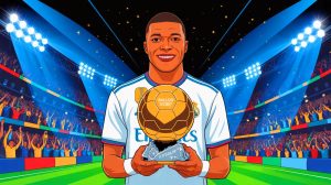 Illustration de Kylian Mbappé au Real Madrid avec le Ballon d'Or en perspective. Image réalisée par IA.