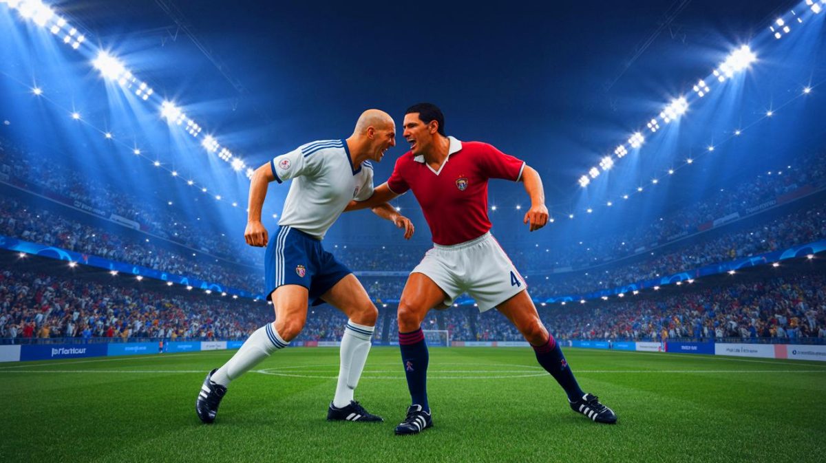 Illustration de Zinédine Zidane lors de la finale de la Coupe du Monde 2006 (création par IA, illustration non réaliste). Crédit : Ideogram.