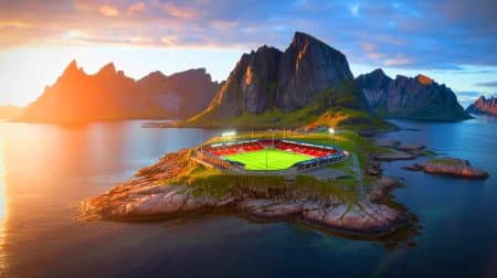 Illustration d'un stade de football unique sur une île pittoresque des Lofoten. Image réalisée par IA.