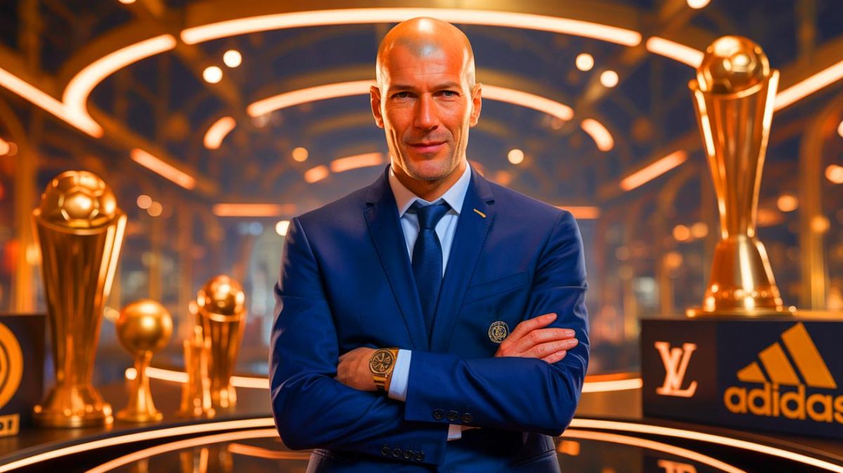 Illustration de Zinedine Zidane célébrant une victoire importante (création par IA, non réaliste). Crédit : Ideogram