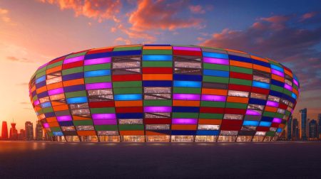 Illustration de l'innovant Stade 974 au Qatar, entièrement démontable et construit à partir de conteneurs maritimes. Image réalisée par IA.