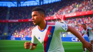 Illustration de Rayan Cherki en action avec l'Olympique Lyonnais. Image réalisée par IA.