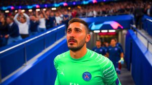 Illustration de Gianluigi Donnarumma sous pression avant la finale de la Ligue des Champions. Image réalisée par IA.