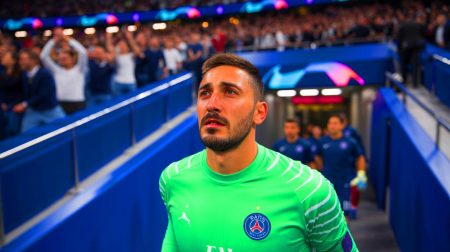 Illustration de Gianluigi Donnarumma sous pression avant la finale de la Ligue des Champions. Image réalisée par IA.