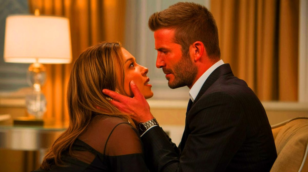 Illustration de David Beckham et Rebecca Loos évoquant leur liaison médiatisée. Image réalisée par IA.