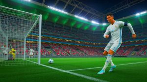 Illustration de Cristiano Ronaldo manquant un penalty lors d'un match d'Al-Nassr en Arabie saoudite. Image réalisée par IA.