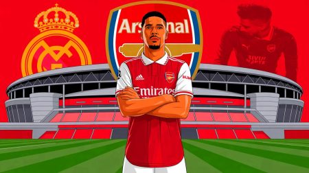 Illustration de William Saliba, pilier d'Arsenal et cible du Real Madrid, avec en toile de fond l'évolution de sa carrière et de ses revenus (création par IA, non réaliste). Crédit : Ideogram