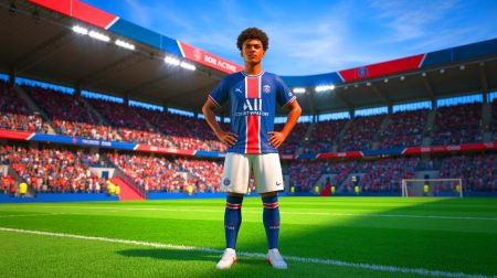 Illustration de Désiré Doué, jeune prodige du PSG, sur le terrain. Image réalisée par IA.