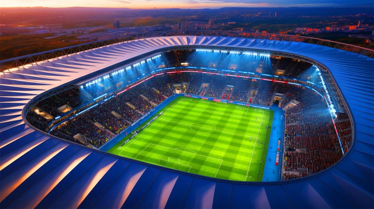Illustration de l'architecture moderne du Stade de France lors d'un événement sportif majeur. Image réalisée par IA.