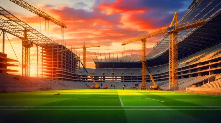 Illustration de stades de football emblématiques en Europe en pleine transformation (création par IA, non réaliste). Crédit : Ideogram
