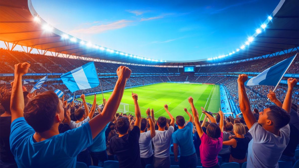 Illustration de l'ambiance électrisante du stade Vélodrome de Marseille. Image réalisée par IA.
