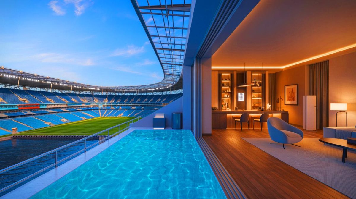 Illustration de la nouvelle tribune de Craven Cottage avec loges luxueuses et vue sur la Tamise. Image réalisée par IA.