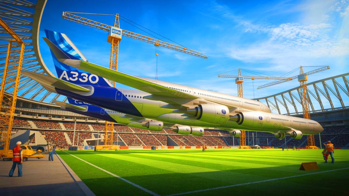 Illustration de l'intégration de fuselages d'Airbus A340 dans le stade de la Meinau à Strasbourg (création par IA, illustration non réaliste). Crédit : Ideogram.