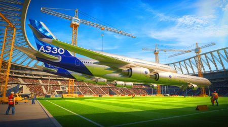 Illustration de l'intégration de fuselages d'Airbus A340 dans le stade de la Meinau à Strasbourg (création par IA, illustration non réaliste). Crédit : Ideogram.
