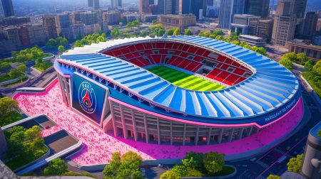 Illustration de la compétition entre Poissy et Massy pour accueillir le nouveau stade du PSG (création par IA, non réaliste). Crédit : Ideogram