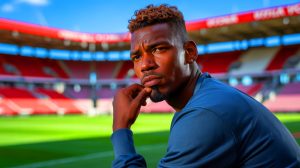 Illustration de Paul Pogba réfléchissant à son avenir footballistique après son départ de la Juventus. Image réalisée par IA.