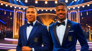 Illustration de la course au Ballon d'Or 2025 avec Kylian Mbappé et Ousmane Dembélé en tête d'affiche. Image réalisée par IA.