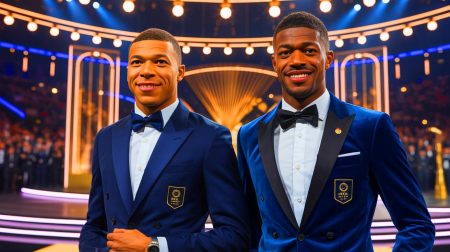 Illustration de la course au Ballon d'Or 2025 avec Kylian Mbappé et Ousmane Dembélé en tête d'affiche. Image réalisée par IA.