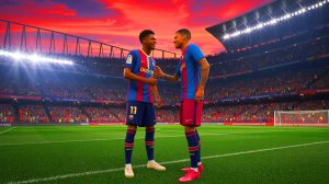 Illustration de Lamine Yamal et Marcus Rashford discutant d'un potentiel transfert au FC Barcelone. Image réalisée par IA.