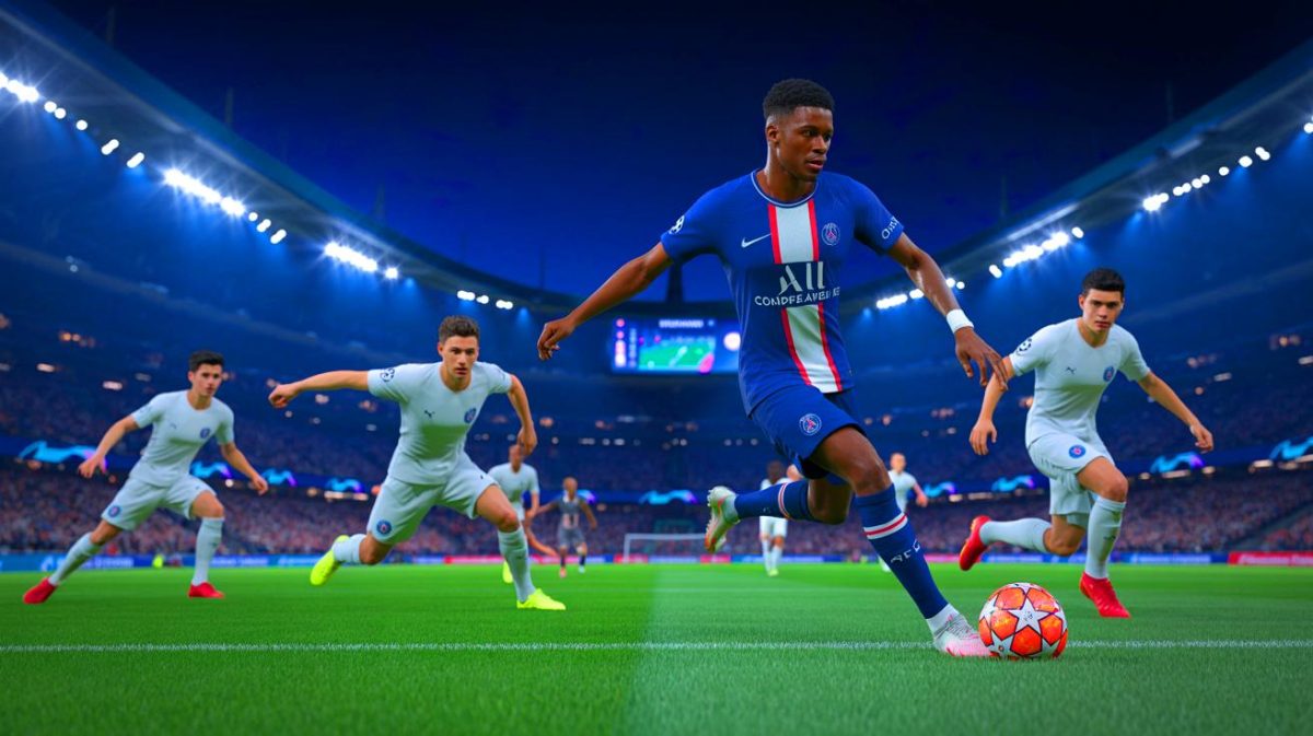 Illustration de l'ascension d'Ousmane Dembélé en tant que leader offensif du PSG (création par IA, non réaliste). Crédit : Ideogram