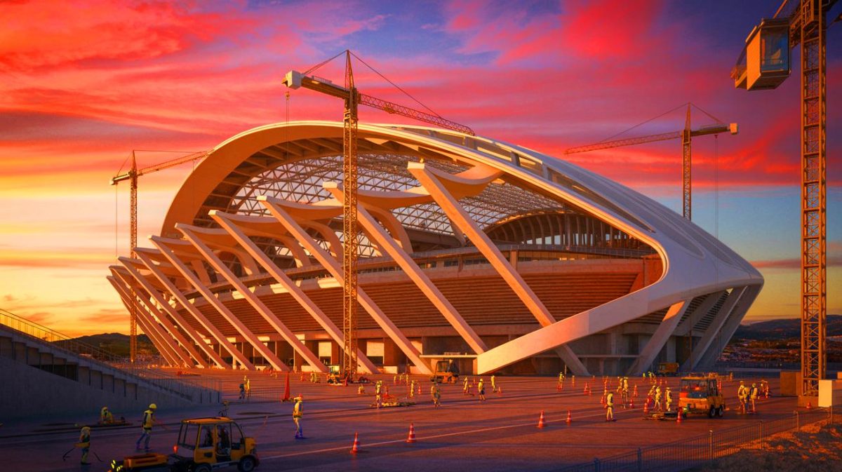 Illustration de la nouvelle Rosaleda à Málaga, un projet de stade révolutionnaire et coûteux (création par IA, non réaliste). Crédit : Ideogram