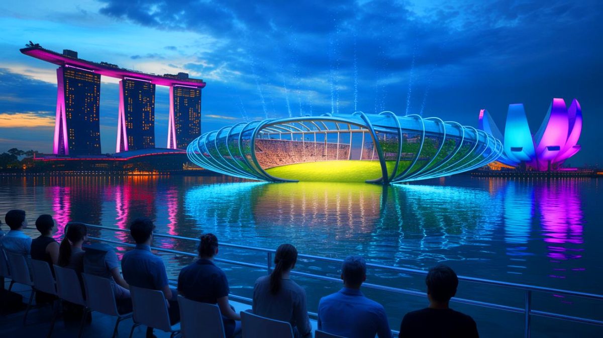 Illustration de « The Float », le stade flottant emblématique de la baie de Singapour (création par IA, non réaliste). Crédit : Ideogram