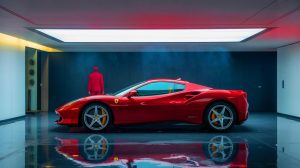 Illustration de Marquinhos au volant de sa Ferrari symbolisant son succès. Image réalisée par IA.