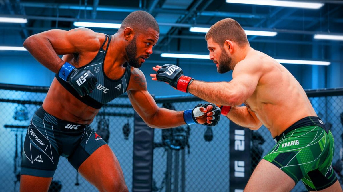 Illustration de Patrice Evra s'entraînant au MMA avec Khabib Nurmagomedov (création par IA, illustration non réaliste). Crédit : Ideogram.