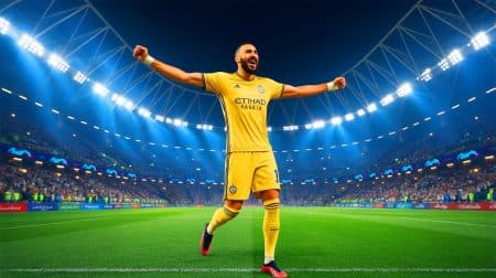 Illustration de Karim Benzema célébrant une victoire avec Al-Ittihad en Saudi Pro League. Image réalisée par IA.