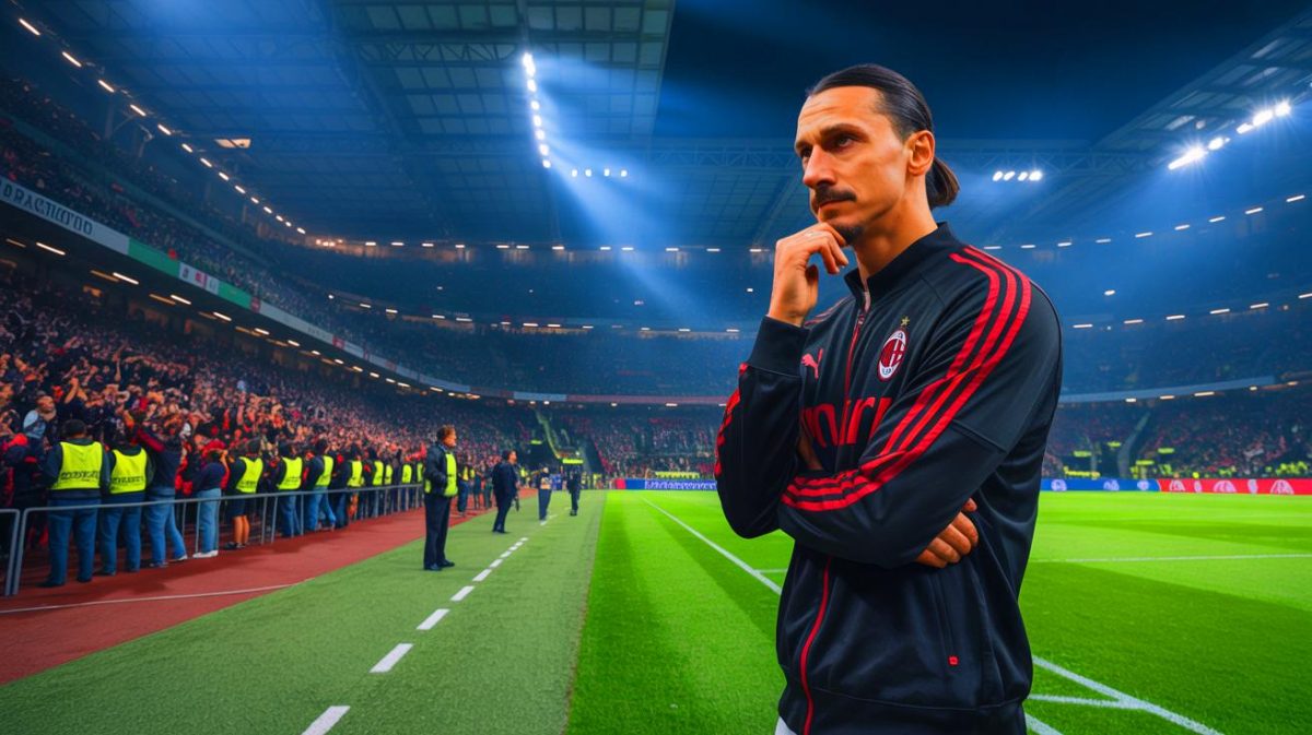 Illustration de Zlatan Ibrahimovic en réflexion sur son rôle au sein de l'AC Milan. Image réalisée par IA.