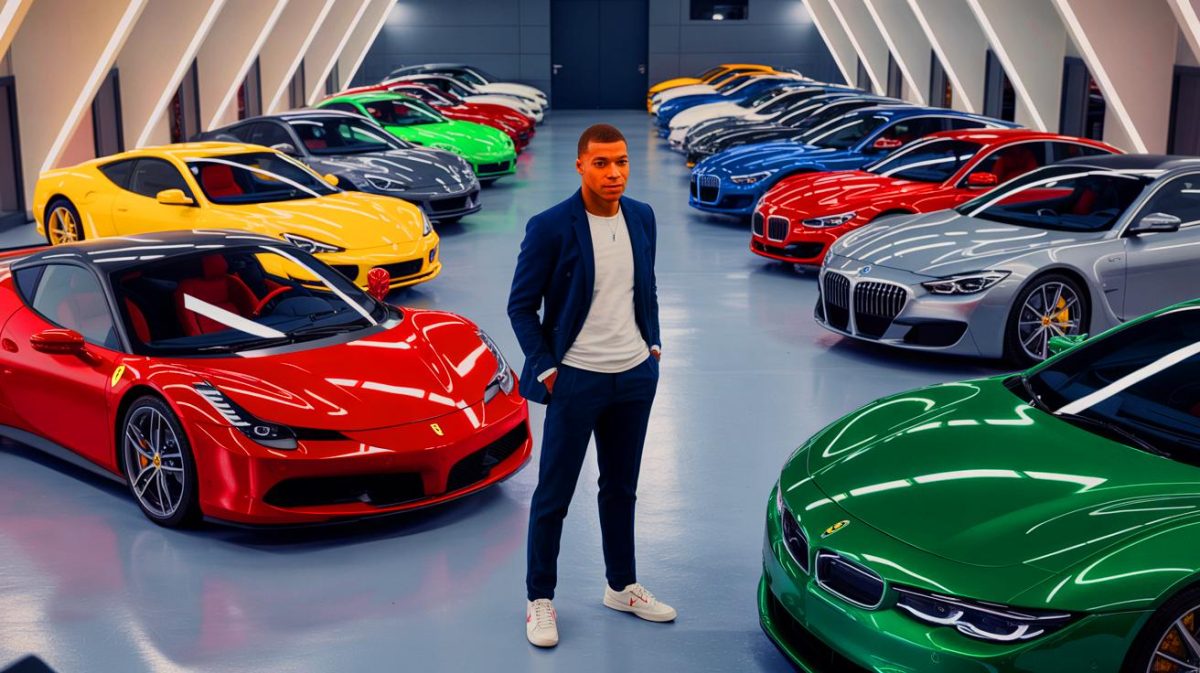 Illustration de Kylian Mbappé devant sa collection variée de voitures de luxe. Image réalisée par IA.
