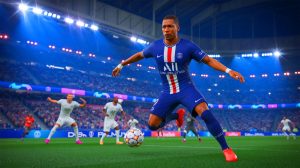 Illustration de Bradley Barcola en action sur le terrain pour le Paris Saint-Germain. Image réalisée par IA.