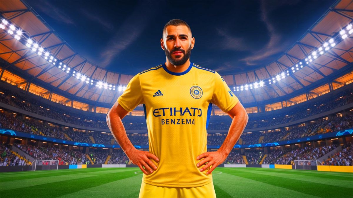 Illustration de Karim Benzema en tenue d'Al-Ittihad, illustrant son transfert et son salaire en Arabie saoudite. Image réalisée par IA.