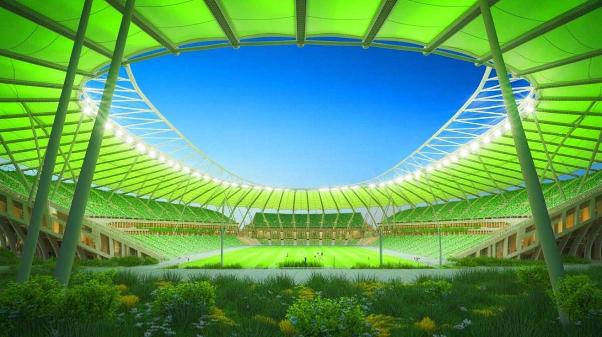 Illustration du Stade King Salman en Arabie saoudite, conçu par Populous. Image réalisée par IA.