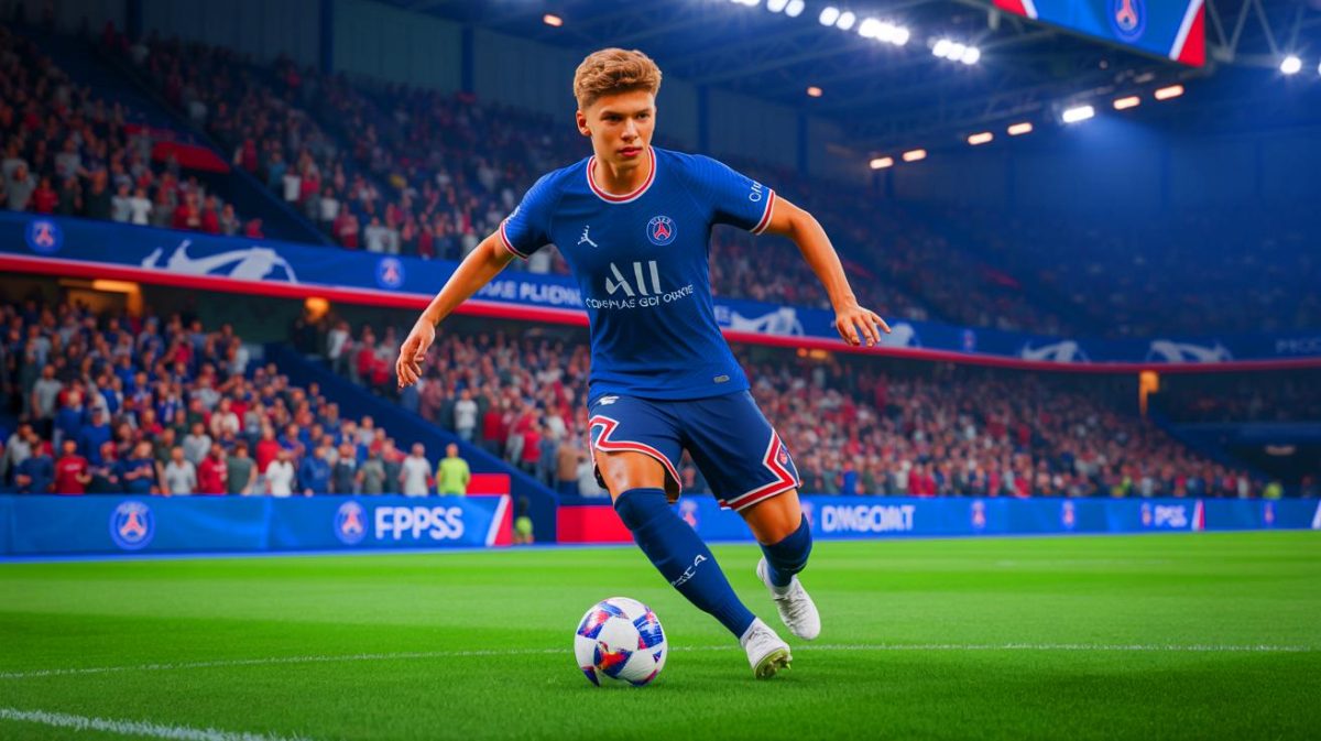 Illustration de Bradley Barcola en action sur le terrain avec le maillot du PSG (création par IA, non réaliste). Crédit : Ideogram