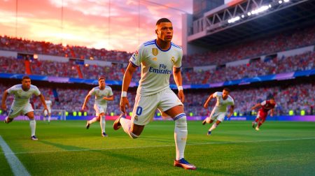 Illustration de Kylian Mbappé et du Real Madrid lors d'une saison de football difficile. Image réalisée par IA.